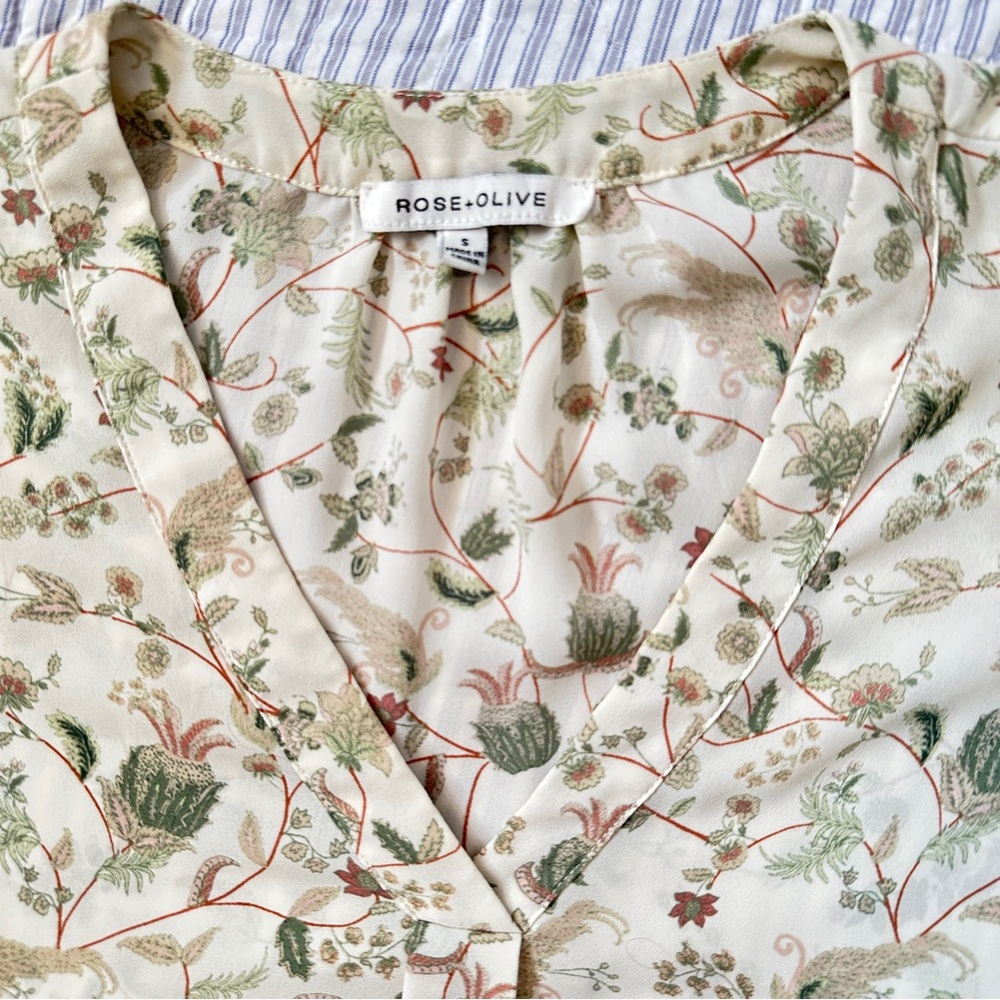 Rose & Olive Cream Botanical Floral Top - S Small - Boho Ruffle Romantic - Picture 10 of 15